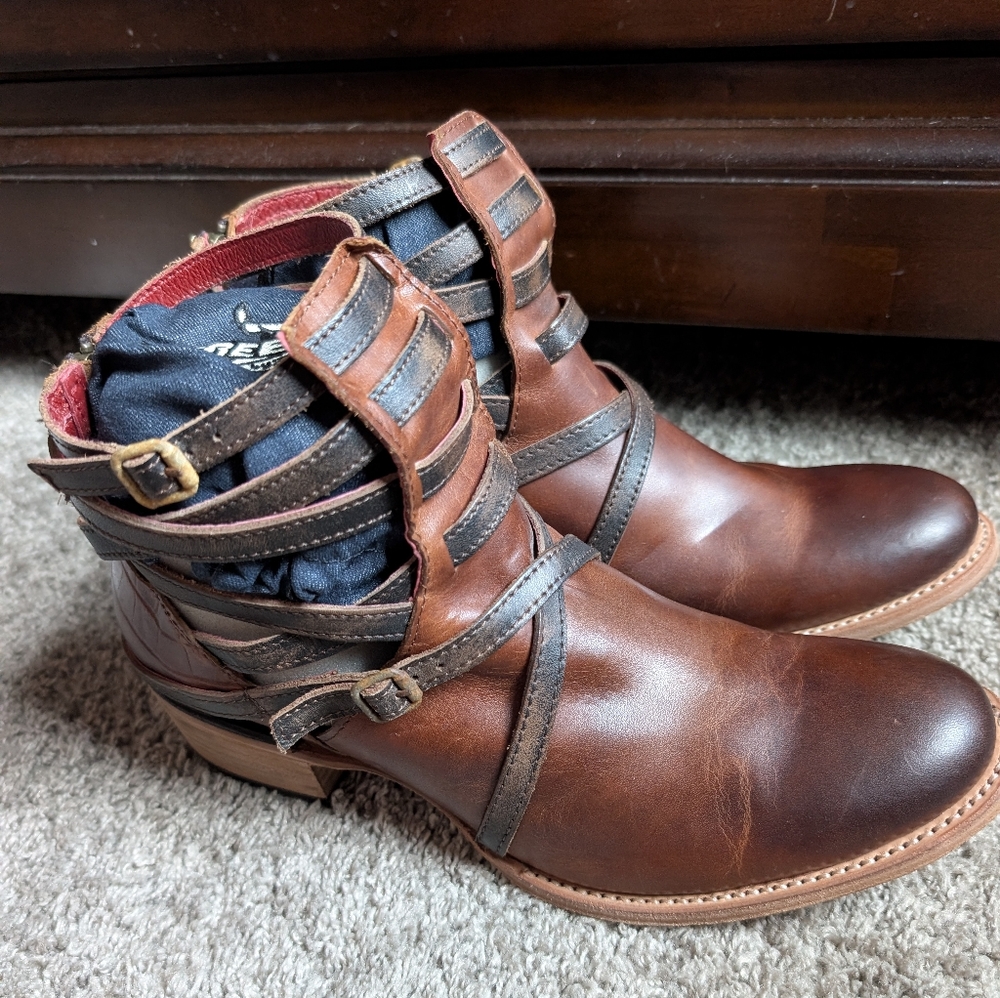 Freebird by Steven Brown and Dark Brown Leather Strap Ankle Boots